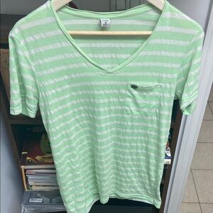 Green and White Striped V-Neck T-Shirt